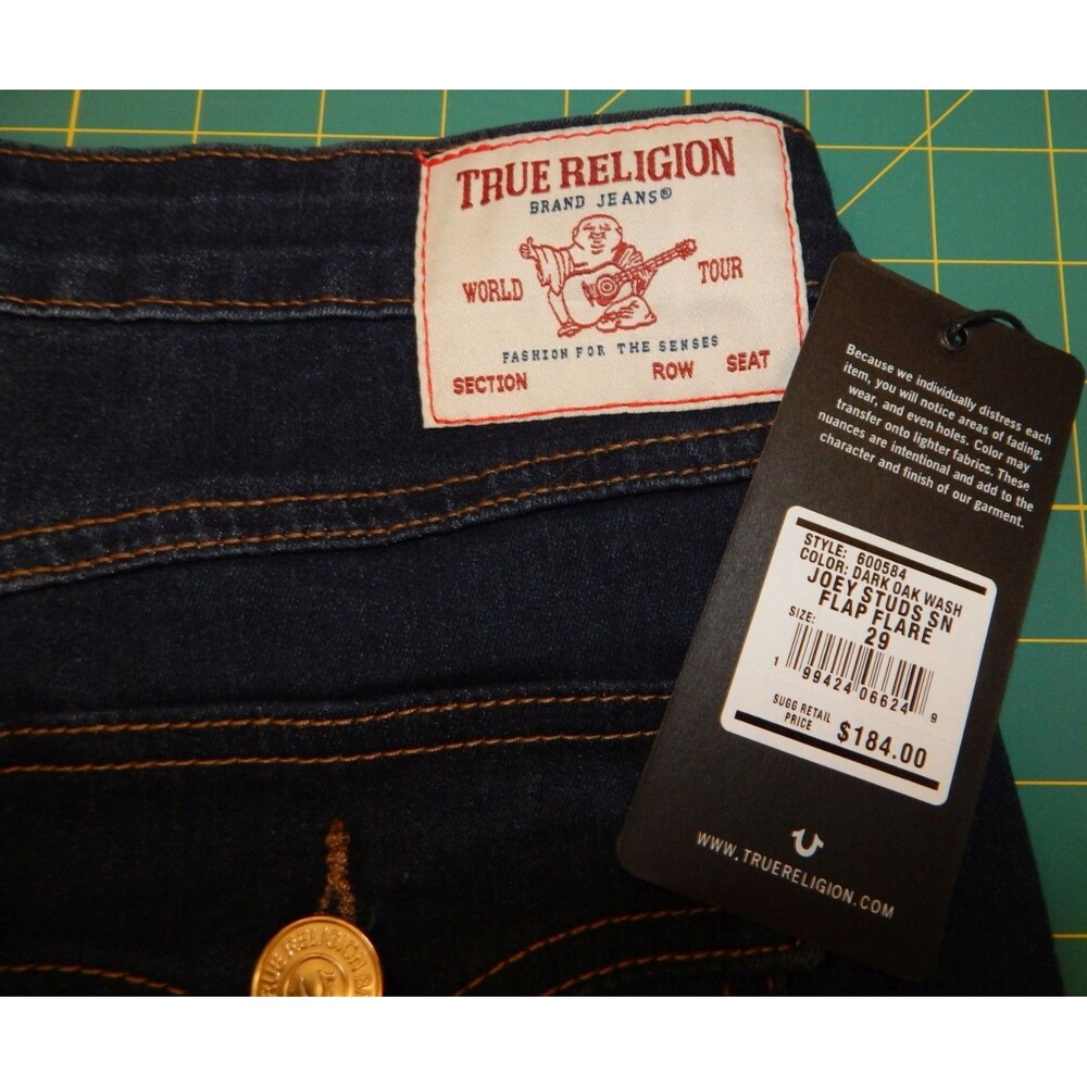 True Religion WOMENS 29/30 X 33 Joey Studs SN Flap Flare MID RISE DIST Jeans NWT